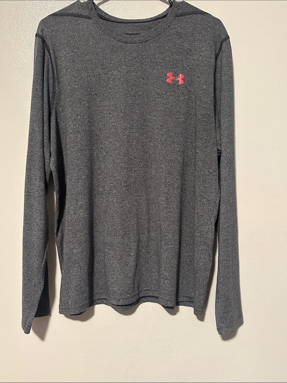 Under Armour Men's Long Sleeve Heather Gray Performance Shirt with Pink Logo